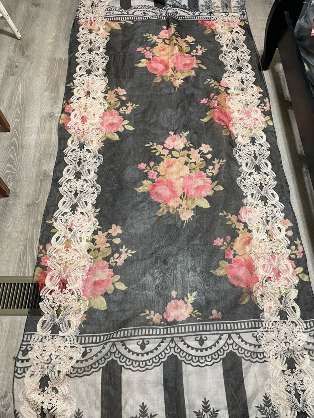 Floral Lace Accent Scarf - Black, Pink, Cream 8ft x 41”